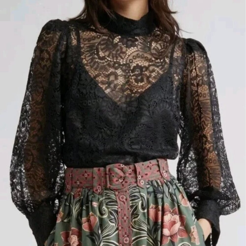 Farm Rio NWT Black Lace Long Sleeve Blouse Top, Sz XS with rosette button detail
